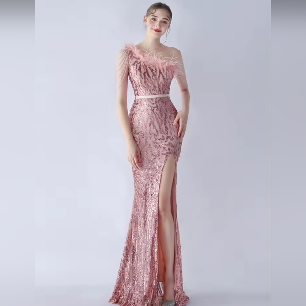 Lotus Pink, Assymmetrical Beaded, Ostrich Feathers, Geo Print,  Sequined Gown